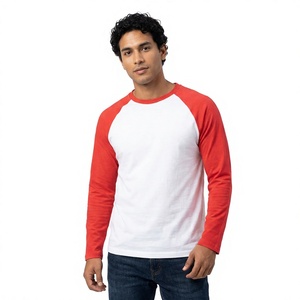 T-shirt à manches longues pour homme, blanc et rouge, manches raglan, coupe classique, col rond, jersey décontracté en coton, couleur unie, design simple - Product Image 1