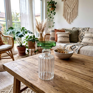 Carafe en verre bohème à bord vert, décanteur côtelé à col court, récipient transparent pour boissons, idéal pour la décoration de table à la maison ou lors de fêtes - Product Image 1