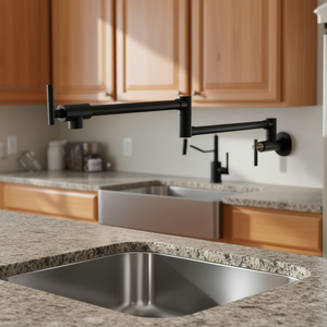 Robinet de cuisine noir mat mural à double poignée avec bras articulé pliable en laiton pour remplissage de casseroles pour évier de cuisine - Product Image 2