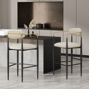 Modern Hotel Dining Barstools Set 2 Lightweight <b>Adjustable</b> Upholstered Backs Iron Legs Kitchen Island Beige Fabric Seating - Product Image 2