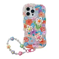 Casing Ponsel Rantai Gelang Manik-Manik Untuk IPhone 16 17 15 14 13 11 12 Pro Max Plus Penyangga Bunga 3D Penahan Stand Tali Gantungan
