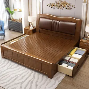 Schlaf zimmer bett geleneksel klasik katı ahşap depolama yatağı kraliçe boyutu 1.5m yatak odası mobilyası ahşap kutu depolama yatağı