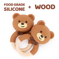 Anneau de dentition en bois naturel sans BPA avec motif animal, hochet en silicone pour bébés