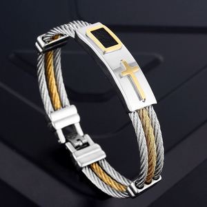 Venta caliente moda Punk alambre hombres pulsera Acero inoxidable oro plata Cruz pulsera - Product Image 1