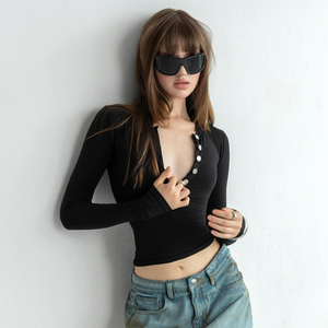 Top de Manga Larga con Cuello Redondo y Botones Metálicos en la Parte Delantera, Ajustado a la Cintura, Estilo Sexy y Versátil para Primavera/Otoño - Product Image 3