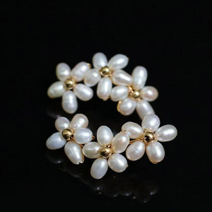 wholesale Handmade Three Flower Cluster Pearl <b>Drop</b> <b>Earrings</b>, USA Imported 14K Gold Filled, Natural Freshwater Teardrop Pearl - Product Image 1