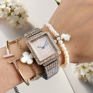 Montre pour femme de luxe en or avec strass, cadran carré, bracelet en acier inoxydable, élégante et tendance - Product Image 6