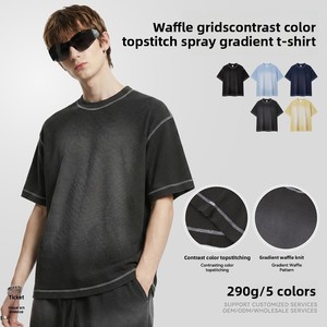 T-shirt da <span class=keywords><strong>uomo</strong></span> casual in stile americano, con cuciture <span class=keywords><strong>a</strong></span> contrasto, effetto waffle, anti-piega, sbiancato, lavato, tinta unita effetto spray. - Product Image 1