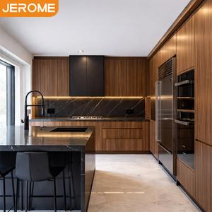 Juego de Muebles de Cocina Modulares Modernos de Madera de Nogal Oscuro, con Paneles Planos sin Tiradores, Montados en la <span class=keywords><strong>Pared</strong></span>, con Isla de Encimera de Mármol - Product Image 1