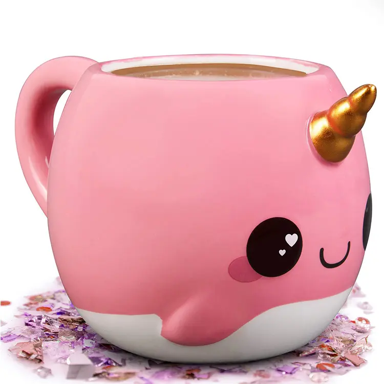 Pembe Narwhal 18 oz kahve kupa-Unicorn deniz-sevimli seramik kupa hediye Glitter Galaxy