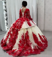 Robe de bal rouge ivoire princesse à manches longues et volants, robes de Quinceañera avec appliques de fleurs 3D rouges pour filles de 15 à 16 ans LY0154