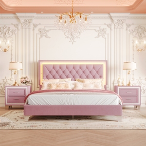 3-Piece Pink Bedroom Set, <b>Bed</b> Size Upholstered <b>Platform</b> <b>Bed</b> with LED Lights & 2 Nightstands, Tufted Headboard <b>Bed</b> <b>Frame</b> - Product Image 3