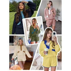 Fisoew Ensemble de survêtement 2 pièces pour femme, décontracté, sweat-shirt demi-boutonné color block avec short, respirant, tenues d'automne - Product Image 5