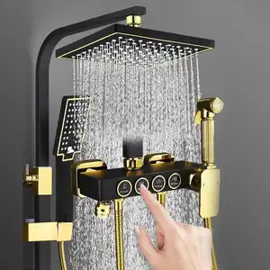 Deao 스퀘어 욕실 샤워 시스템 Senducs 블랙 골드 욕조 믹서 목욕 수도꼭지 뜨거운 차가운 욕실 탭 온도 조절 샤워 세트
