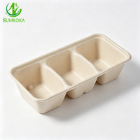 SUMKOKA 600ml Plateau alimentaire en bagasse sans PFAS, écologique, à 3 compartiments, jetable, en pulpe de canne à sucre, biodégradable, pour service alimentaire
