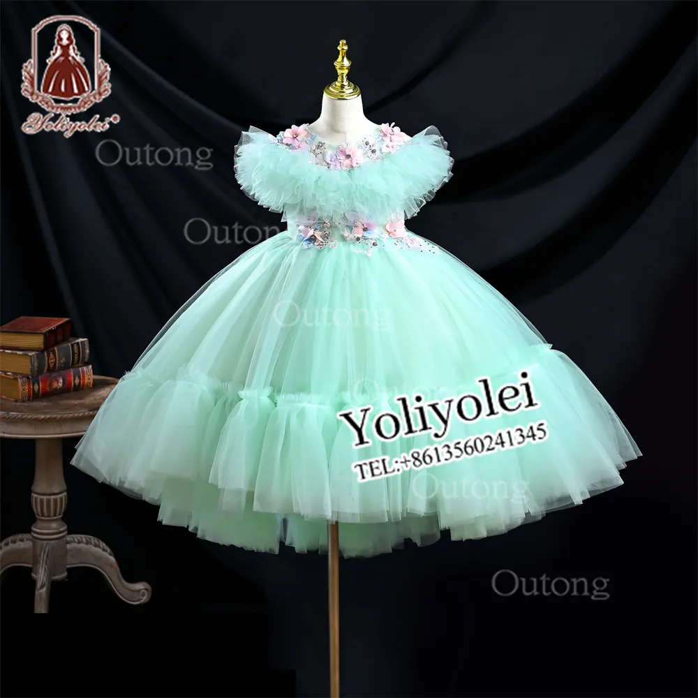 Yoliyolei - Vestido floral de alta qualidade para meninas, vestido de festa de aniversário em camadas, bolo verde fofo, vestido de princesa tutu para concurso infantil