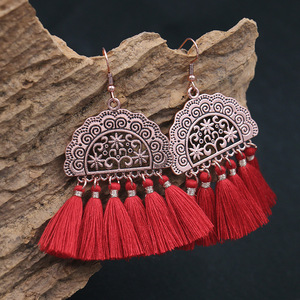 Red <b>Tassel</b> <b>Earrings</b> Chinese Style Bohemian Ethnic Fashion For Wedding New Year Adult Polyester Clip On - Product Image 2