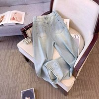 Jeans à jambes larges pour femmes, style chinois, broderie florale, denim délavé, taille haute, coupe ample, pantalon décontracté rétro
