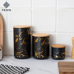 Grosir emas stiker ceram penyimpanan makanan dan wadah silinder penyimpanan jar porselen wadah penyimpanan dengan tutup bambu