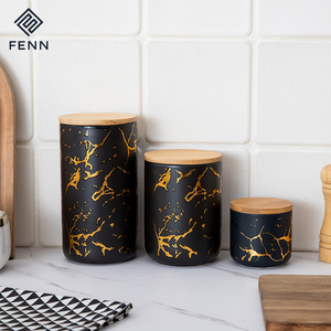Wholesale golden decal ceram food storage and container cylinder storages jar porcelain storage containers with bamboo lid