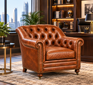 Elegant Cognac Leather Reading Armchair <b>with</b> Tufted Upholstered Backrest Generously Padded Seat and Classic Rolled <b>Arm</b> - Product Image 1