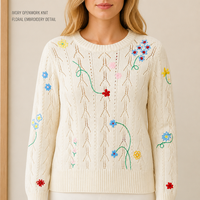 Pull en maille ajouré ivoire personnalisé pour femme, broderie florale, style vintage décontracté, manches longues, col rond, pour l'automne