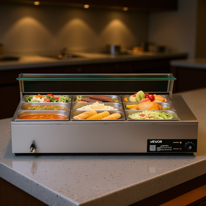 Vevor Calentador de Alimentos de Encimera de 9 Compartimentos, 1500W, Eléctrico, de Acero Inoxidable, Equipo para Mantener Sopas Calientes Tipo Buffet Bain Marie - Product Image 2
