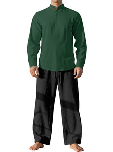 Completo Casual da <span class=keywords><strong>Uomo</strong></span> in <span class=keywords><strong>Lino</strong></span> a Due Pezzi, Motivo Tinta Unita, Camicia a Maniche Lunghe Larga e Traspirante con Pantaloni, Perfetto Outfit Autunnale da <span class=keywords><strong>Spiaggia</strong></span> - Product Image 3