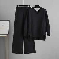 Ensemble deux pièces pour femmes, pull en tricot décontracté et pantalon large, respirant, pour l'hiver, coupe ample, motif uni, nylon/coton, col en V