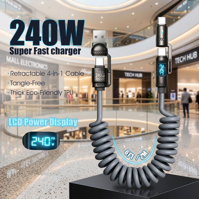 240W 4 in 1 Boiled USB Charging Cable 2M LCD Power Display Retractable Coiled Multi Interface Phone Charger Cable