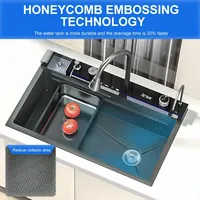 Évier de cuisine intelligent multifonctionnel en acier inoxydable SUS 304 à cuve unique avec cascade, affichage numérique LED, robinet en laiton, design moderne