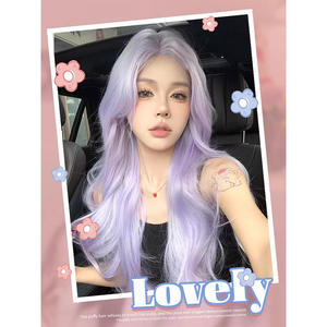 Perruque Lace Front Cheveux Longs Bouclés avec Frange Latérale Violet Gris 70cm Fibre Haute Température Ligne de Cheveux Naturelle Perruque Complète - Product Image 3