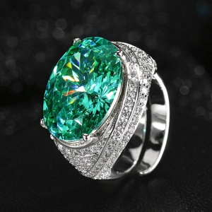 Dainty Jewelry Eco-friendly Copper Dazzling Oval Cut 13*18mm Paraiba Zircon Center Green Stone Focus <b>Adjustable</b> <b>Ring</b> - Product Image 3