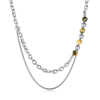 Collier élégant à double chaîne à maillons, en acier inoxydable, avec pierre œil de tigre, sans décoloration, avec pendentif pompon, pour femme
