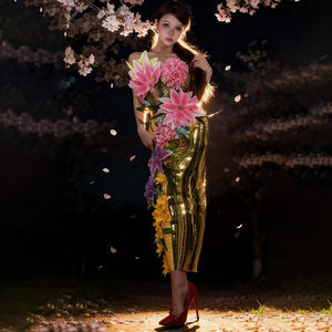 Novance Y5552 Productos <span class=keywords><strong>de</strong></span> Moda, Conjunto <span class=keywords><strong>de</strong></span> Dos Piezas Elegante, Vestidos Florales para Fiesta, Trajes <span class=keywords><strong>de</strong></span> Escenario Dorados sin Tirantes para Cantantes - Product Image 3