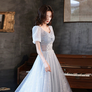 Blue Evening Gown Sweetheart Neckline A-Line Empire Waist Floral Print Light Blue Gray Long Dress For Banquets And Performances - Product Image 2