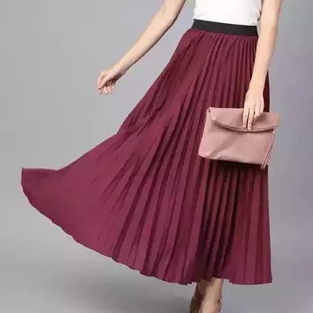 Women Burgundy Accordion Pleat Maxi Flared Skirt Women Long Skirt Wholesale Islamic Pleated Long Skirt Dress