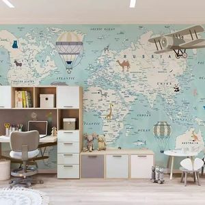 Carte du monde <span class=keywords><strong>3D</strong></span> personnalisée écologique avec animaux de dessin animé et avions, papier peint mural minimaliste pour enfants, pour salles à manger et salons - Product Image 1