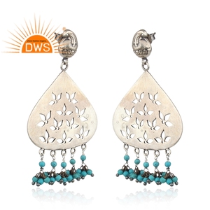 Boucles d'oreilles pendantes classiques en argent sterling oxydé traditionnel indien avec perles de pierre précieuse turquoise naturelle, bijoux de mariage et de fête - Product Image 2