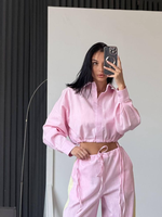 2025 ensemble deux pièces en lin rose chemise courte surdimensionnée et pantalon large avec rayures latérales ensemble pour femme