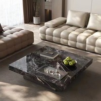 Table basse de salon moderne minimaliste de luxe léger avec plateau en dalle de pierre carrée et structure métallique pour la maison, le bureau ou l'hôtel