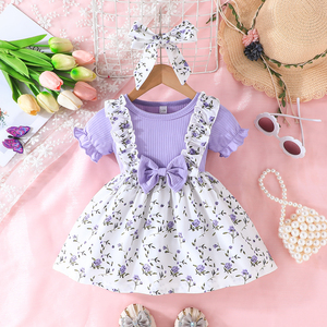 Robe à manches volantées avec nœud pour petites filles, ensemble deux pièces à motif floral mignon et patchwork, avec foulard, vêtements décontractés pour bébé fille - Product Image 1