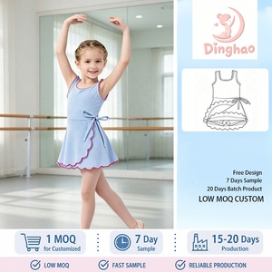 Vestido Deportivo Azul Polvo para Niñas DH ODM con Diseño Cruzado, Ribete de Picot Rosa y Lazo Lateral, Estilo Balletcore para Danza y Estudio - Product Image 1