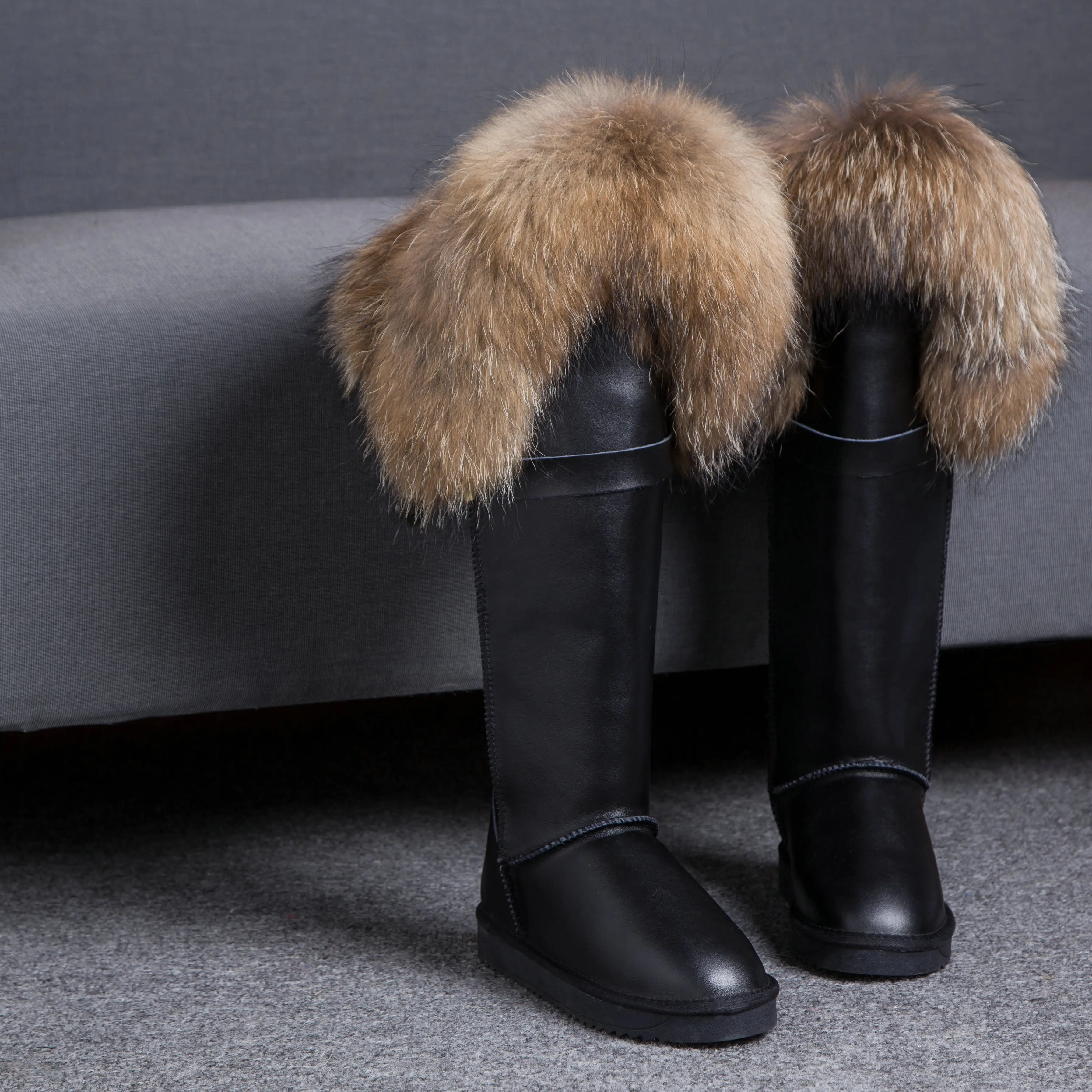 black leather black boot with custom raccoon fur winter warm fluffy