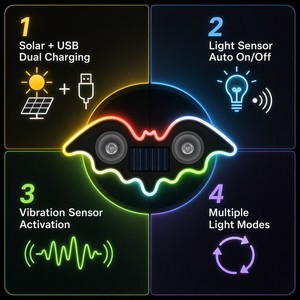 Luz de Advertencia LED Solar para Ventana de Coche con Diseño de <span class=keywords><strong>Batman</strong></span>, Inalámbrica, Decoración Ambiental para Vehículo, Luz de Seguridad - Product Image 5