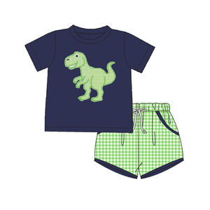Conjunto de Ropa de Verano para Bebé Niño, Diseño Personalizado BSSO1984, Estampado de Dinosaurio a Cuadros Verde Marino, Venta al Por Mayor - Product Image 1