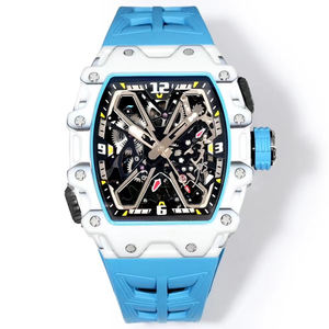 Montre mécanique squelette sportive de forme tonneau, boîtier blanc et bleu, bracelet en silicone, chiffres audacieux, cadran ajouré, montre élégante et décontractée - Product Image 1