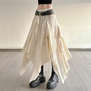 Jupe longue décontractée bohème respirante pour femme, coupe évasée, ourlet asymétrique, bordure en dentelle, taille élastique, idéale pour la plage - Product Image 3