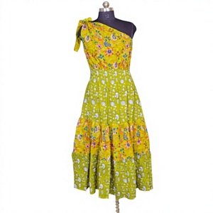 Nuevo Vestido Midi Asimétrico de Verano de Algodón de Alta Calidad para Mujer, con Encaje Dulce, Ecológico, Transpirable, de un Solo Hombro y Estampado Floral - Product Image 1