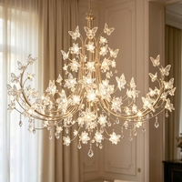 Lustre en cristal de verre papillon de luxe français, style crème, suspension florale faite à la main pour villa, salon à plafond haut